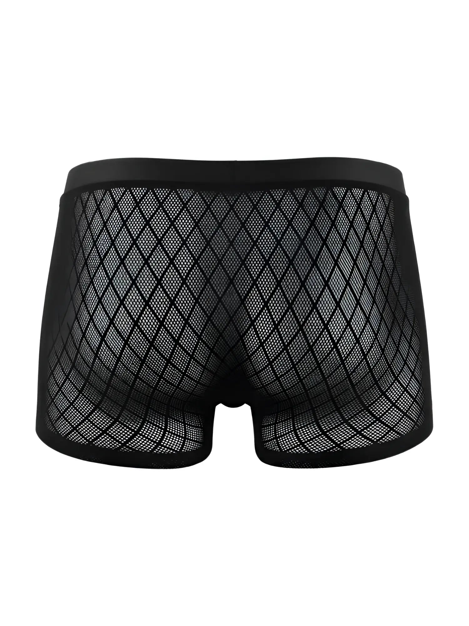 CandyMan black boxer briefs in a sheer diamond mesh pattern with a solid elastic waistband, shown from the back.