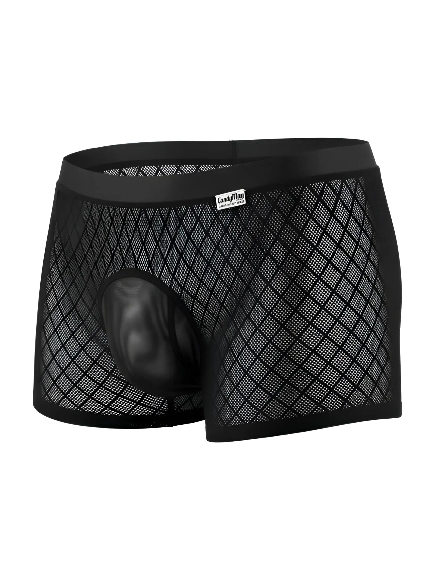 CandyMan black boxer briefs in a diamond-patterned mesh fabric with a solid contoured front pouch.