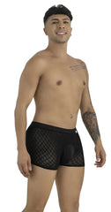 CandyMan black boxer briefs on a smiling model, featuring a diamond-pattern mesh design and a solid front pouch.