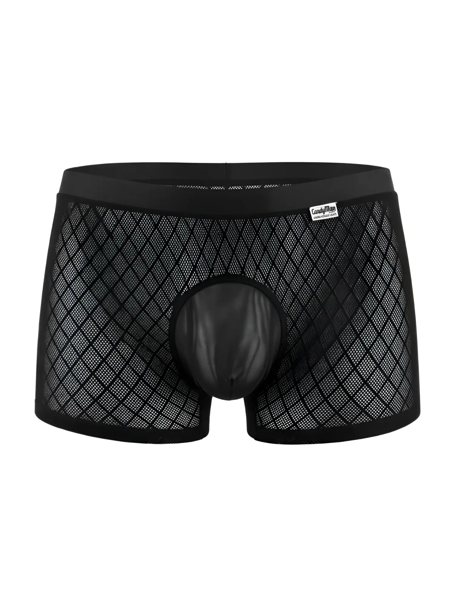 CandyMan black boxer briefs in a diamond mesh fabric with a solid pouch and branded waistband.