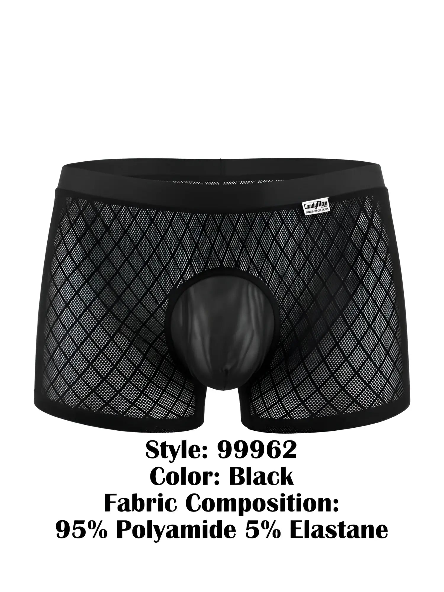 CandyMan black boxer briefs in mesh fabric with a solid opaque pouch and branded waistband.