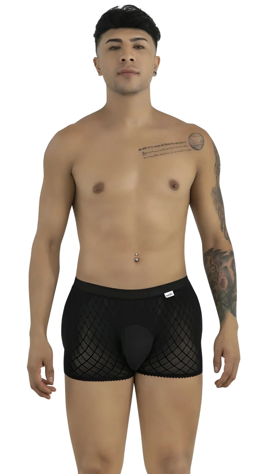CandyMan black mesh boxer briefs with solid pouch, worn by a standing male model facing forward against white.