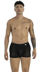 CandyMan black mesh boxer briefs with solid pouch, worn by a standing male model facing forward against white.