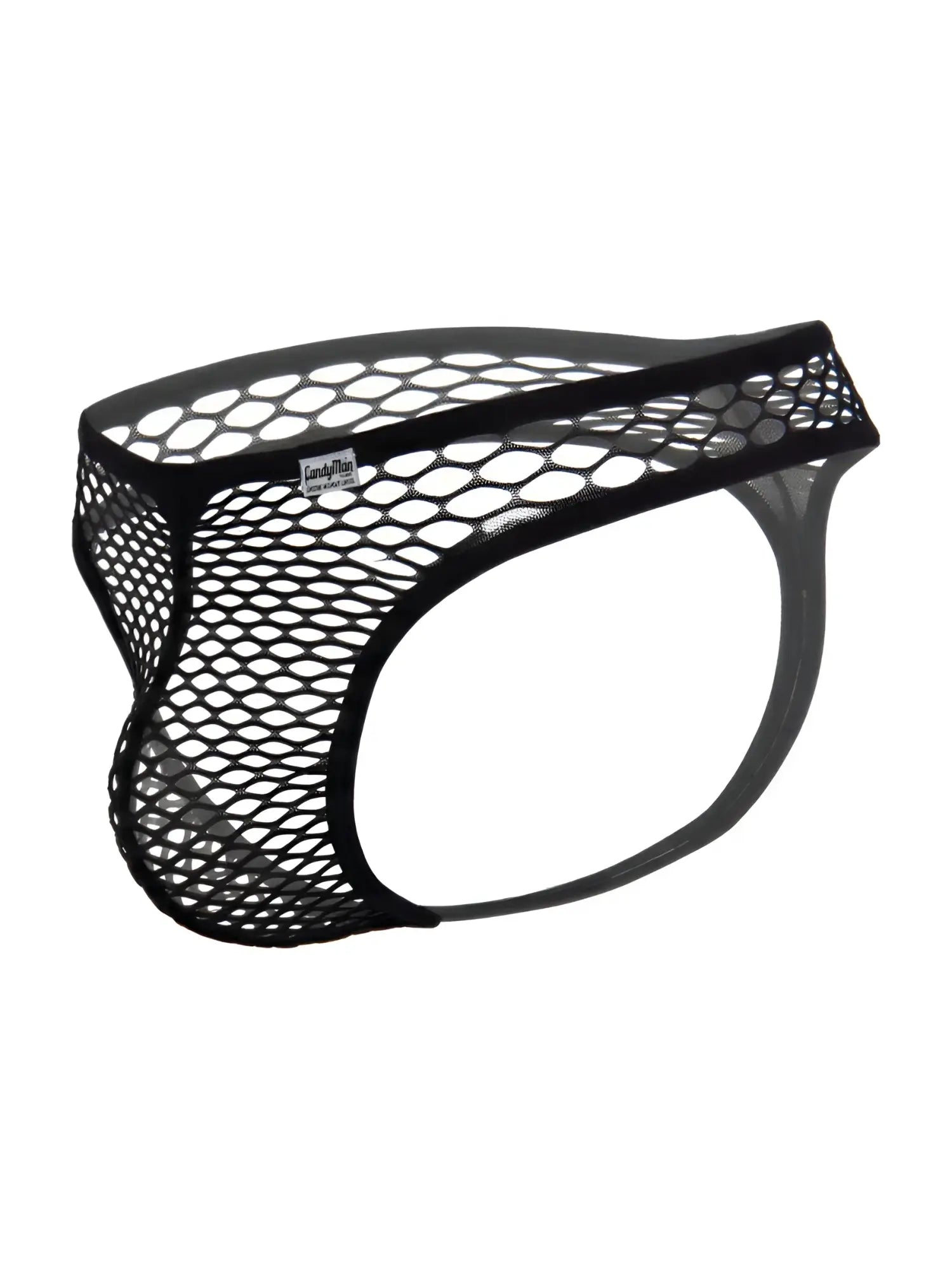 CandyMan black fishnet thongs with a solid waistband and minimalist side strap design.
