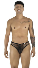 CandyMan black fishnet thongs on a smiling male model posing against a white background.