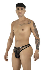 CandyMan black fishnet thong on a model posing for a studio portrait.