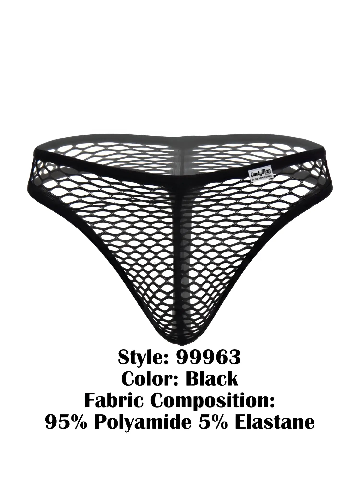 CandyMan 99963 black thongs in a see-through fishnet style with a thin waistband and branded logo tag.
