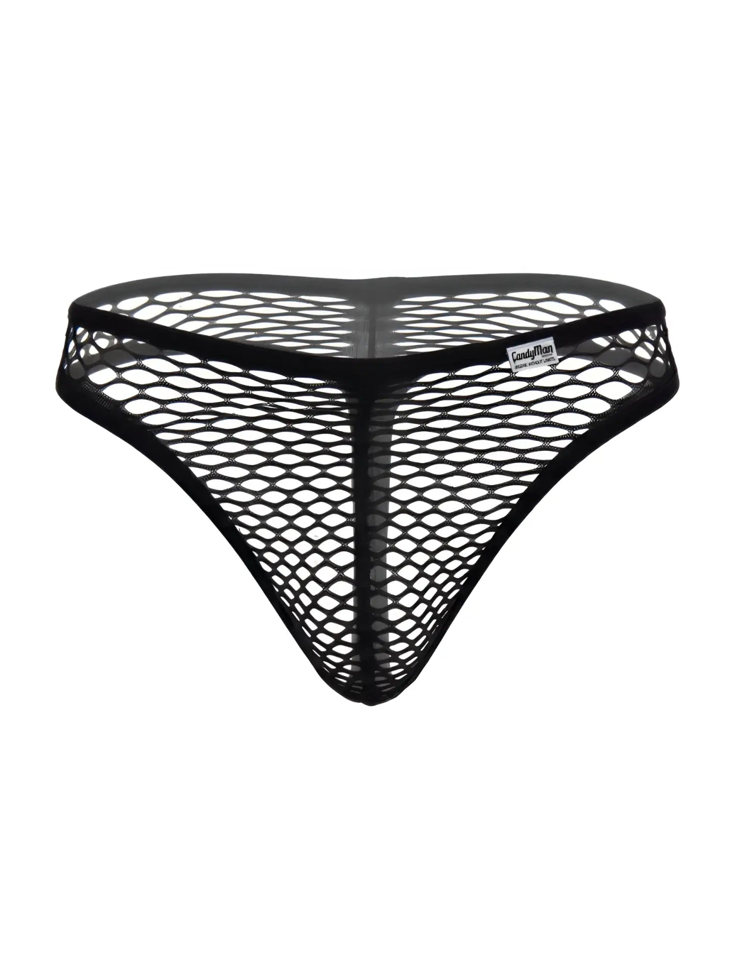 CandyMan black fishnet thong featuring a solid waistband and a small brand logo tag on the side.
