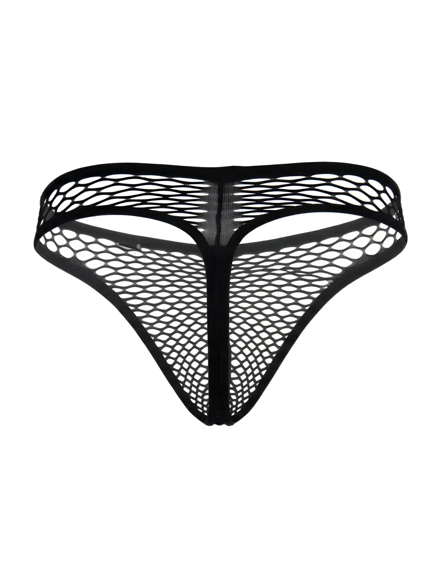 CandyMan black thongs in a sheer, stretchy fishnet mesh fabric with a minimalist, low-rise style.