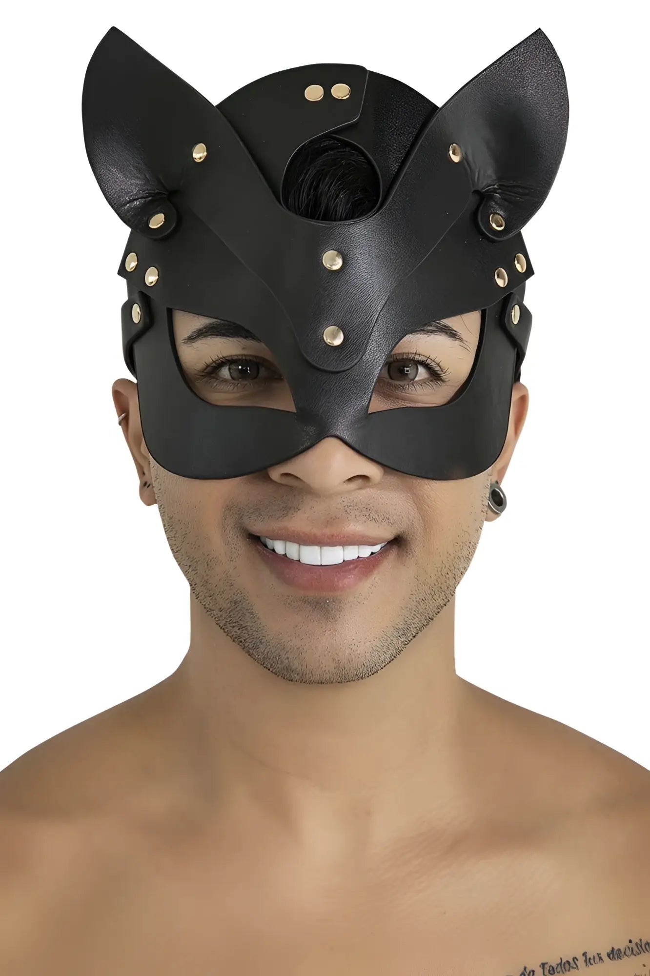 Black leather cat mask with gold-tone studs and pointed ears from Candyman 99965 in black color