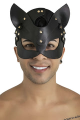 Black leather cat mask with gold-tone studs and pointed ears from Candyman 99965 in black color
