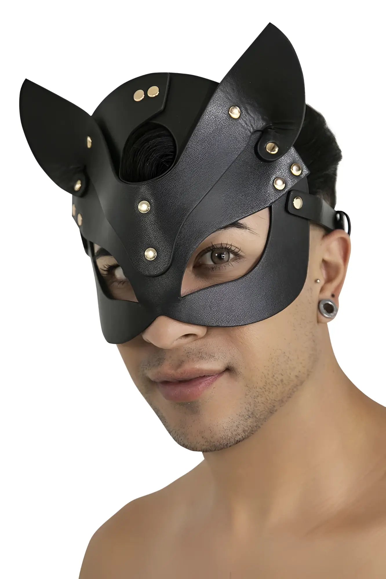 Black leather cat mask candyMan 99965 with gold-tone studs and adjustable straps for comfortable fit