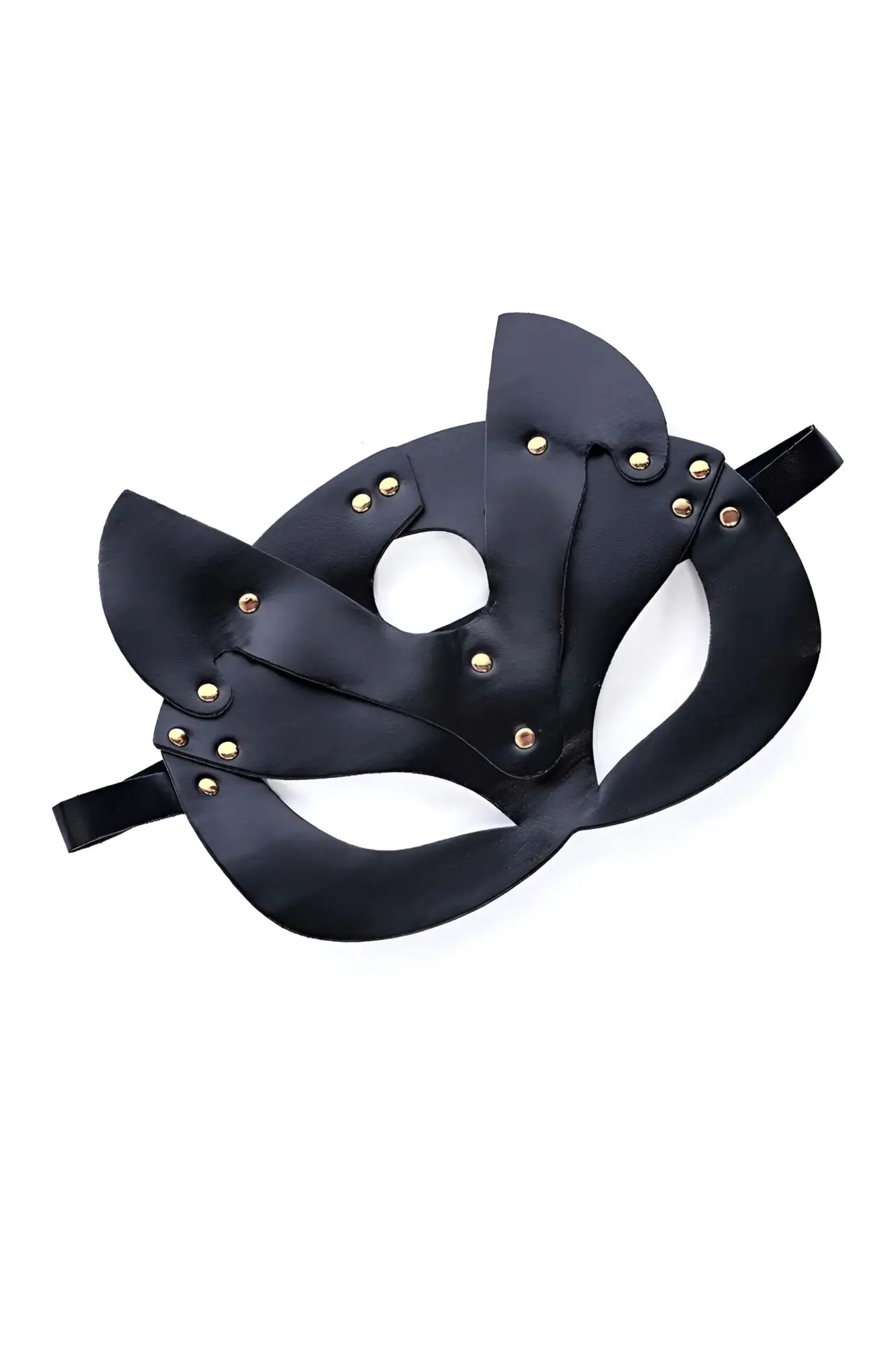 Black leather candyMan 99965 cat eye mask with gold-tone studs and adjustable straps for comfortable fit