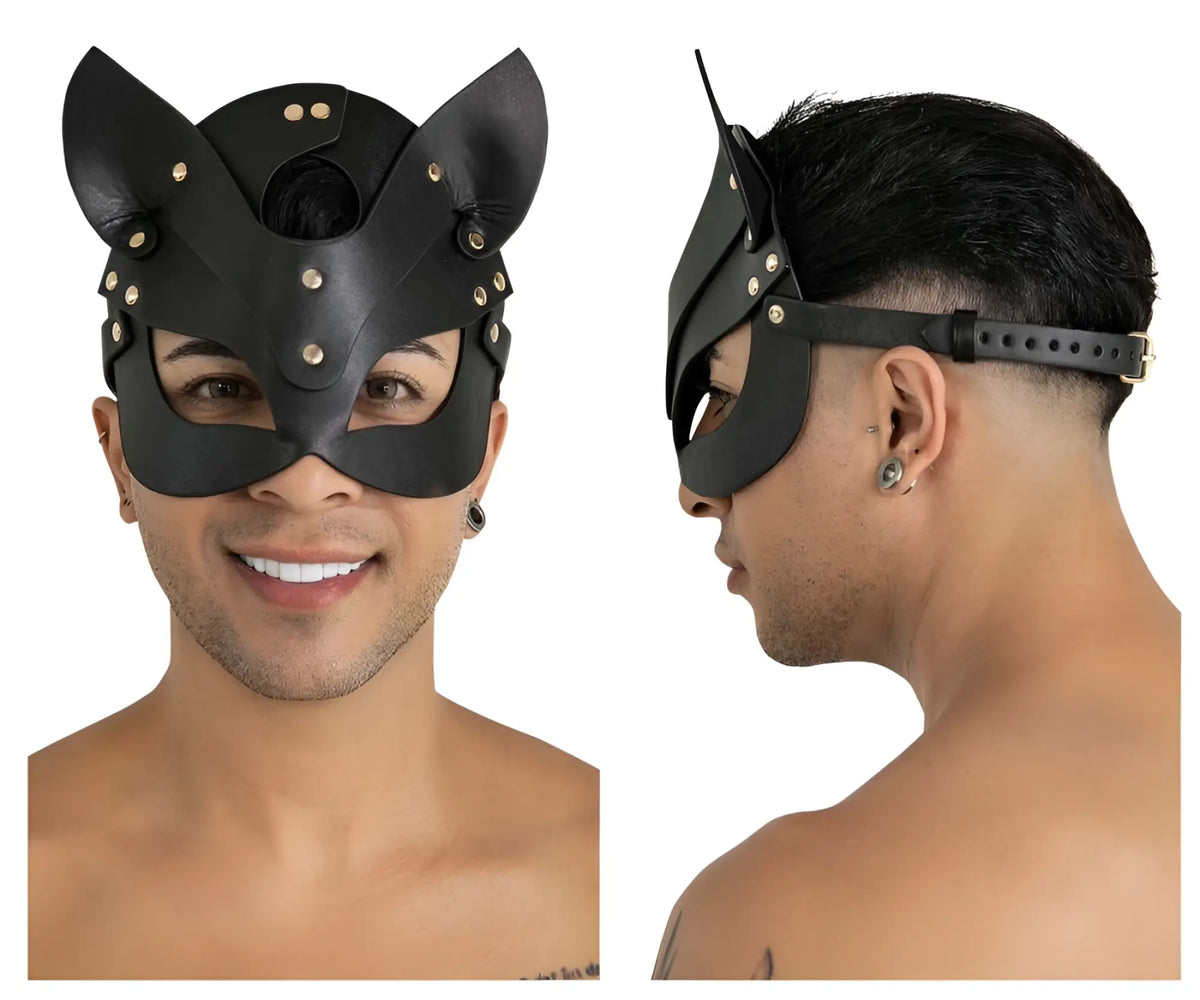 Black leather cat mask with gold-toned studs and adjustable strap in candy man 99965 eye mask color black product