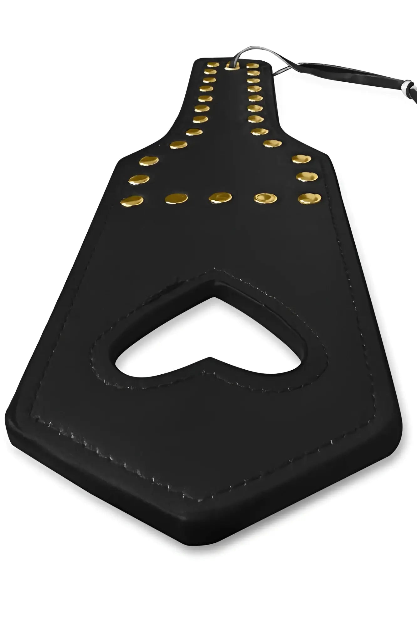 Black leather heart-shaped spanker paddle with gold-tone studs and black handle by candyman 99966 color black