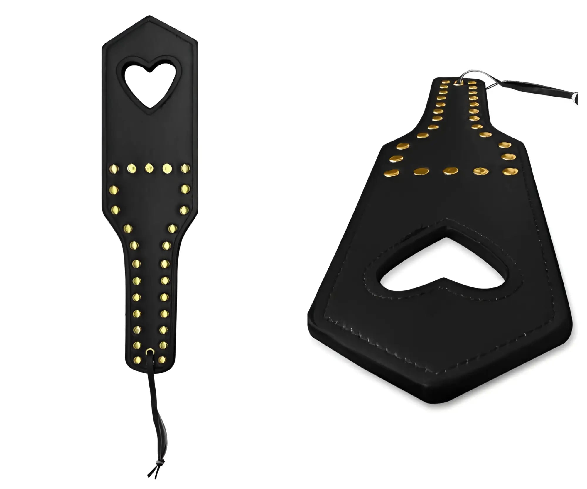 CandyMan 99966 spanker black leather paddle with gold-tone studs and heart-shaped cutout for impact play