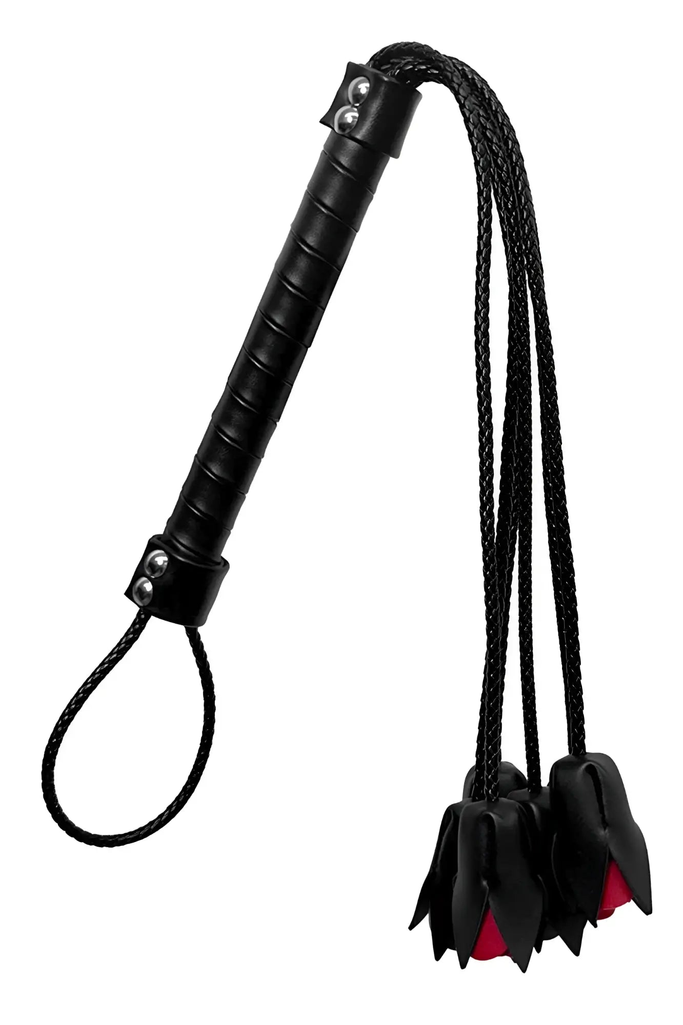 Black leather flogger candyMan 99967 rose whip with red inner lining and braided cord ends