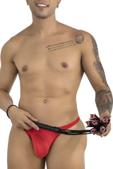 Red thong whip with black leather-like handle and decorative red and black circular ends candyMan 99967 rose whip