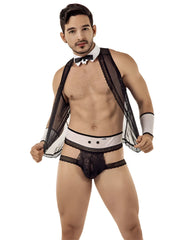 Black lace mens lingerie set with sheer mesh overlay and white trim details candyman barman lace outfit costume size m