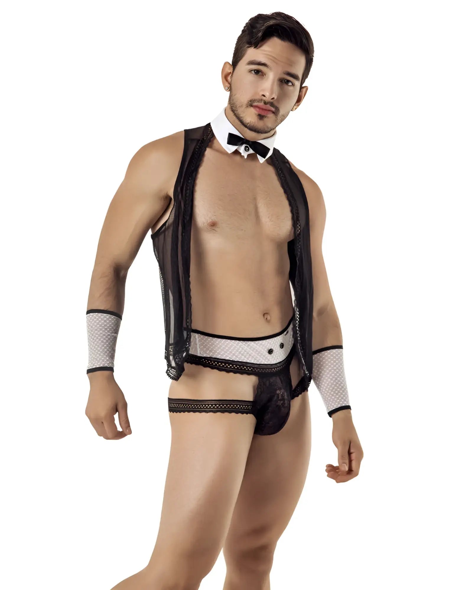 Candyman barman lace outfit costume black size m featuring black lace mesh with white bow tie cuffs and waistband