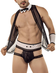 Black lace thong with white mesh waistband featuring black dots and matching sheer overlay from candyman barman lace outfit size m