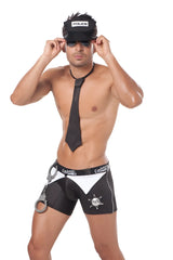 Black and white police-themed mens costume briefs with star emblem handcuffs and candyman branding size m