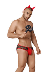 Red lace-trimmed men’s briefs with black devil motif on the side from candyman devil outfit costume in black and red size m