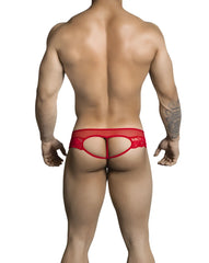 Red lace Candyman thong underwear with circular cutout design size S highlighting front detailed lace pattern