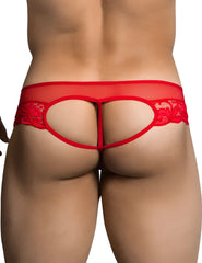 Red candyman lace cut out thong underwear size s with sheer mesh back and intricate floral lace detailing on sides