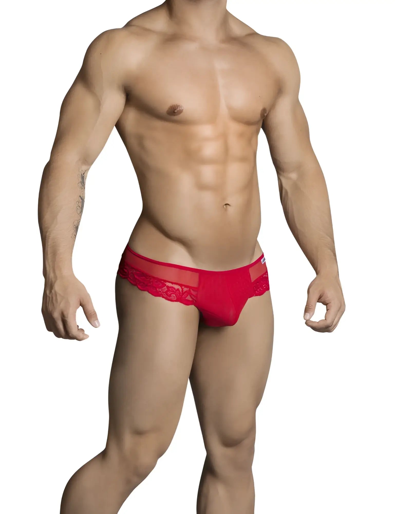 Candyman lace cut out thong underwear red size S featuring red lace trim and a revealing design for men