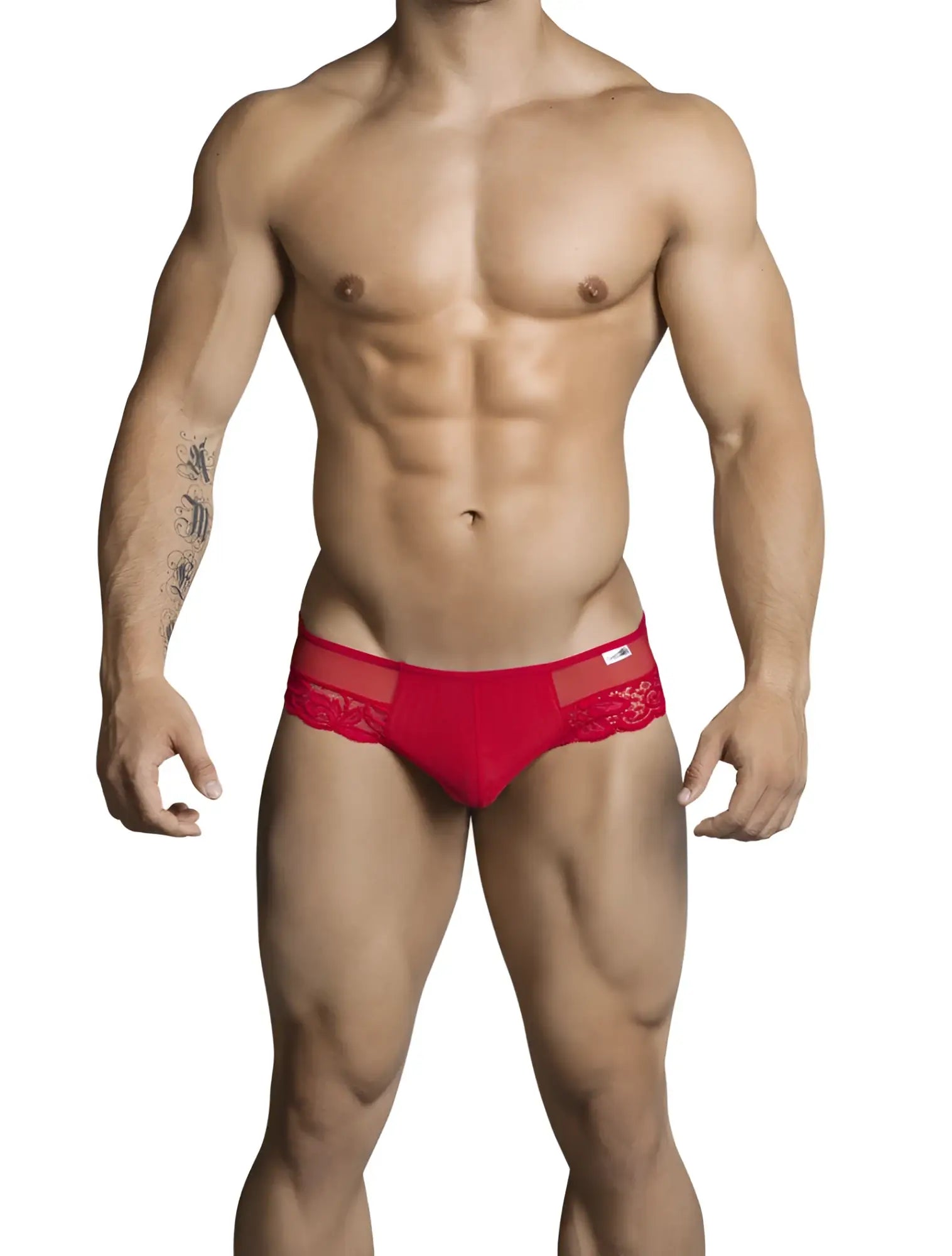 Red lace trim candyman lace cut out thong underwear with sheer mesh front panel size s