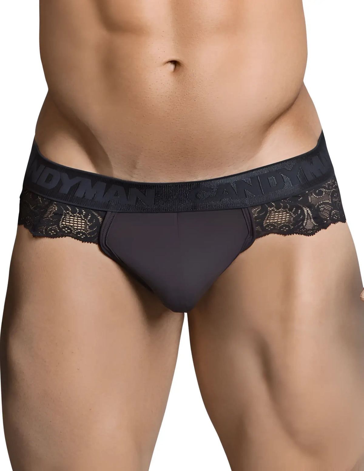 Black lace-trimmed Candyman lace thong underwear in black with branded elastic waistband size S