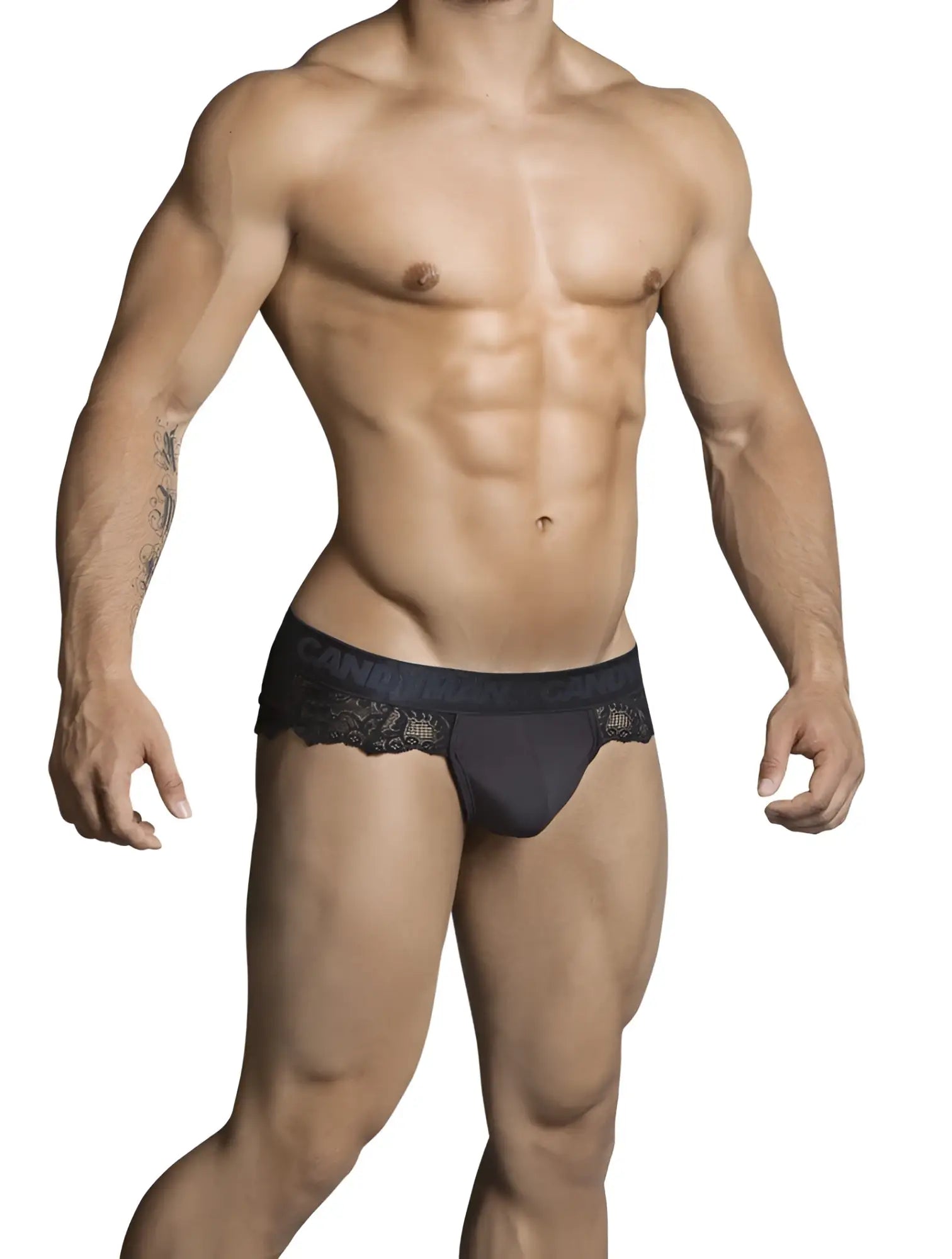 Black lace-trimmed candyman lace thong underwear with branded waistband in size s showing front view