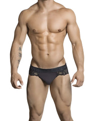 Black lace-trimmed briefs with a snug form-fitting design candyman lace thong underwear black size s shown from the back