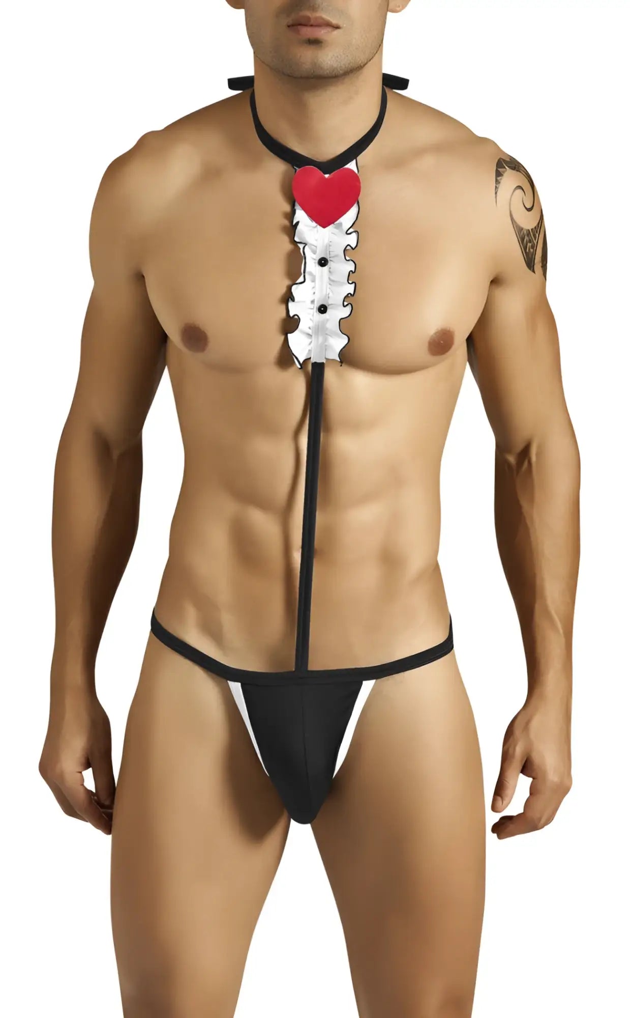 Black and white candyman tuxedo outfit costume with red heart-shaped pendant in size large