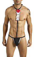 Black and white candyman tuxedo outfit costume with red heart-shaped pendant in size large