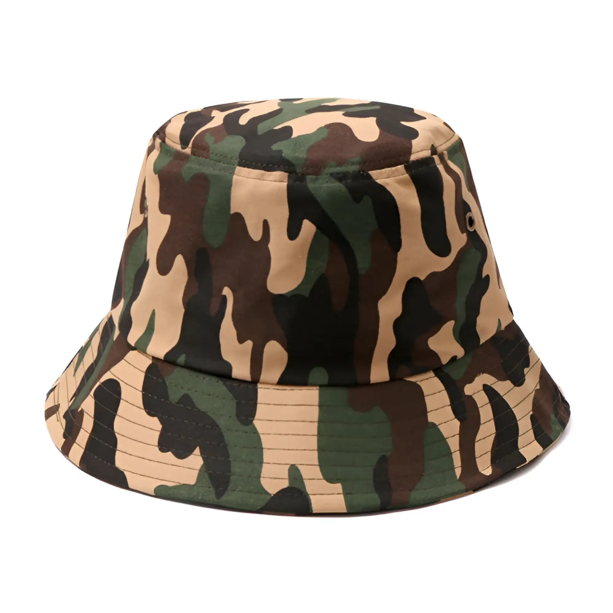 Canvas bucket hat in classic camouflage pattern with earthy greens browns and tan made from durable canvas material