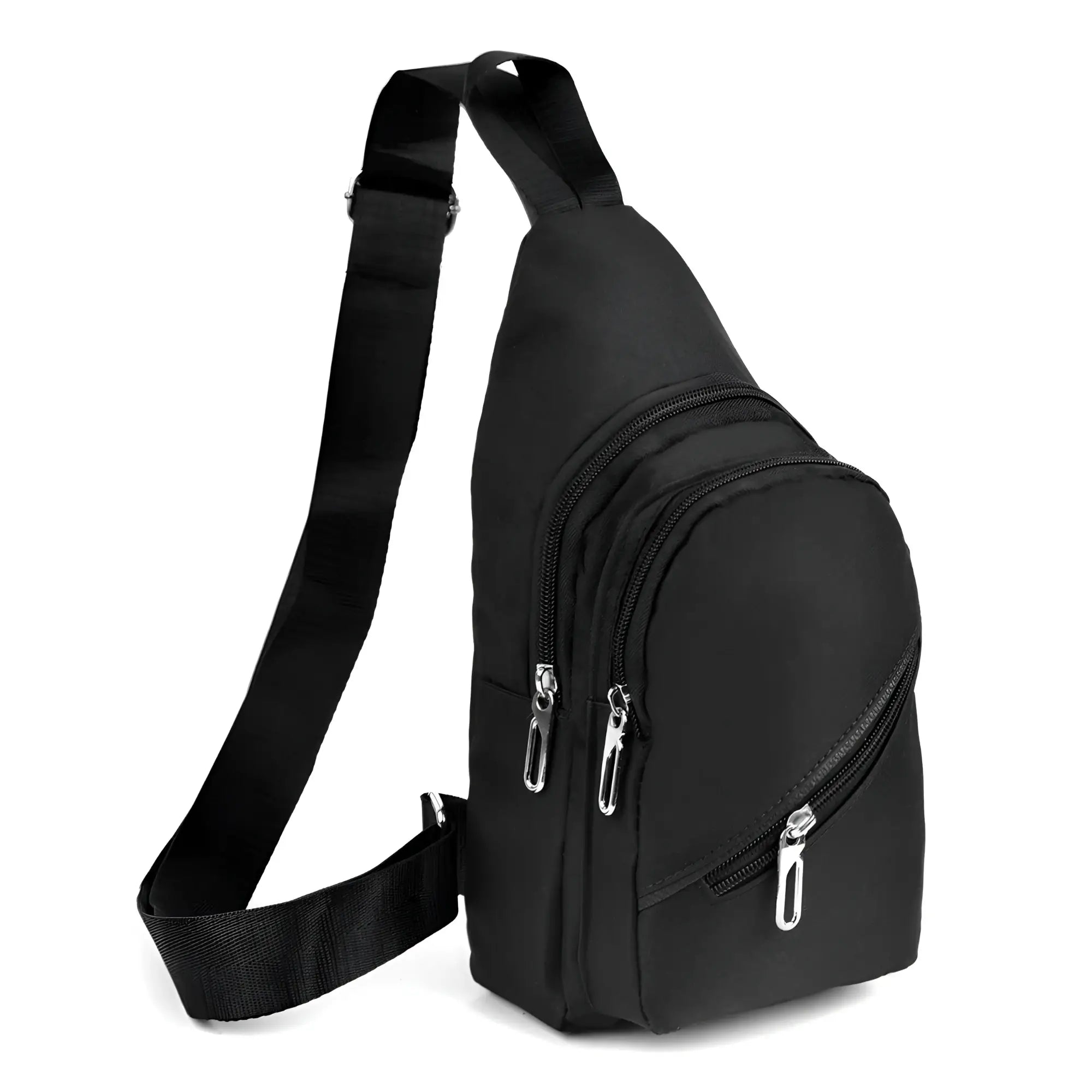 Canvas sling bag black nylon crossbody with silver zippers and adjustable strap for easy carrying