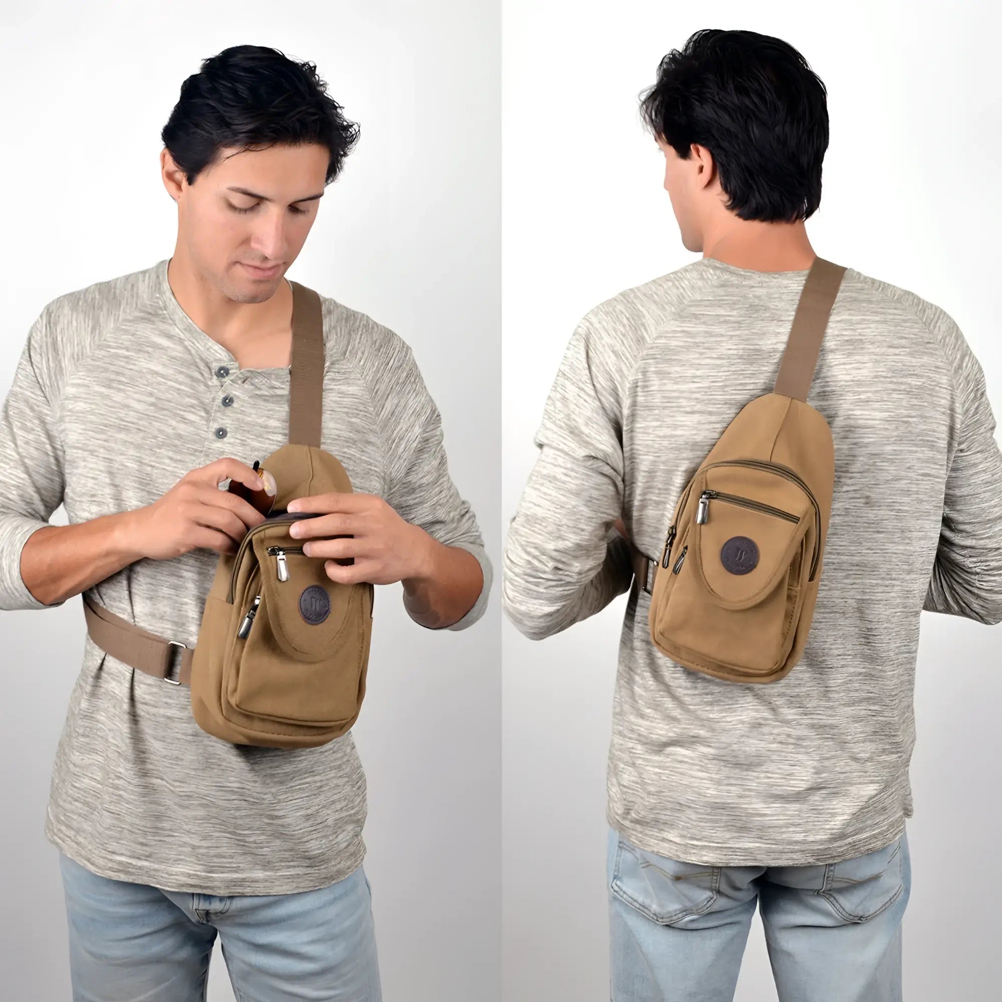 Tan canvas sling bag with brown strap and multiple zippered compartments for organized daily use