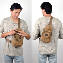 Tan canvas sling bag with brown strap and multiple zippered compartments for organized daily use