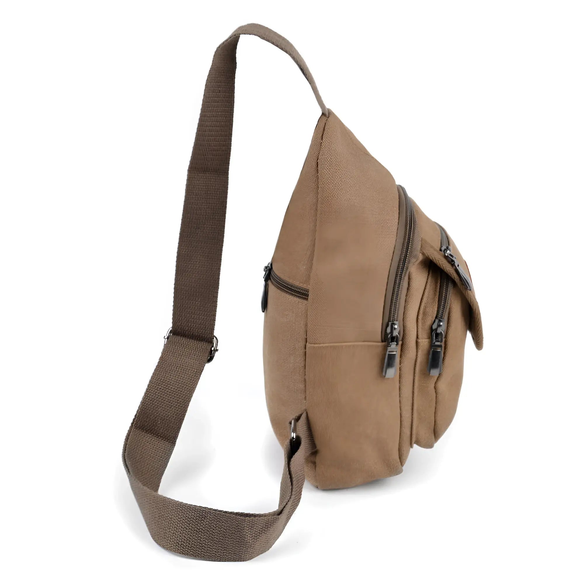 Tan canvas sling bag with multiple zippered compartments and a sturdy adjustable shoulder strap for daily use