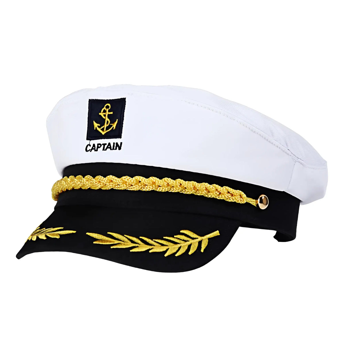 White captain hat with black band gold braided trim and embroidered anchor insignia for nautical costume or outfit