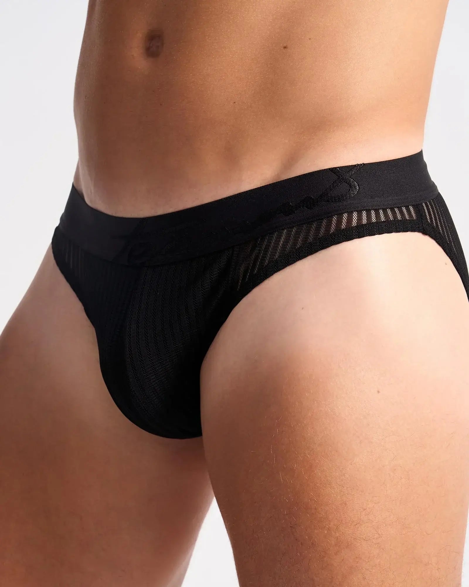 Black mesh casanova brief with solid waistband and embroidered logo for stylish breathable underwear
