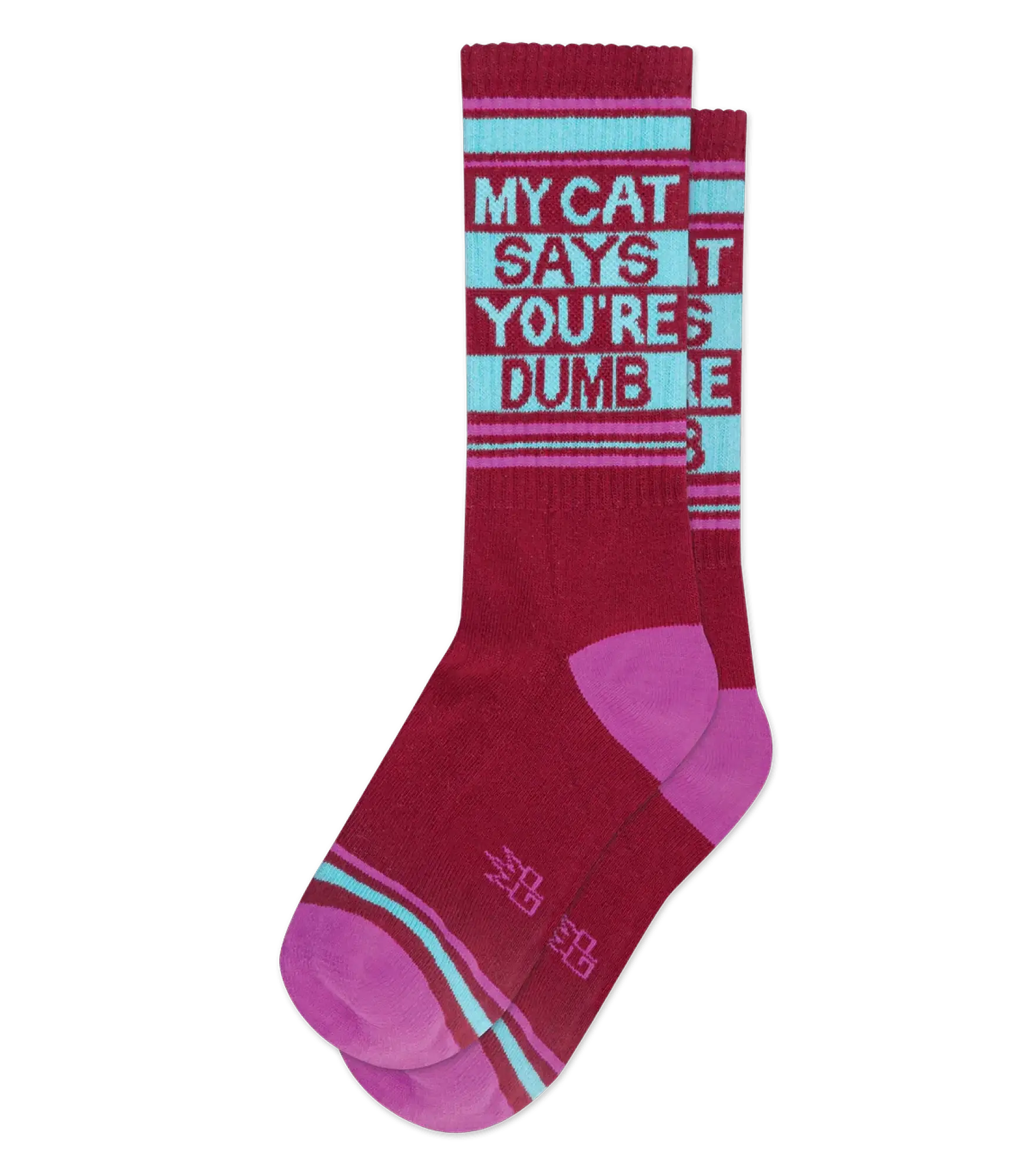 Maroon and pink striped crew socks with white text my cat says youre dumb on light blue stripes