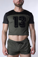 Starter mesh crop top in olive green with black short sleeves and a bold 13 graphic on the chest