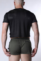 Starter mesh crop top black short-sleeved breathable mesh fabric with subtle perforations on the back side