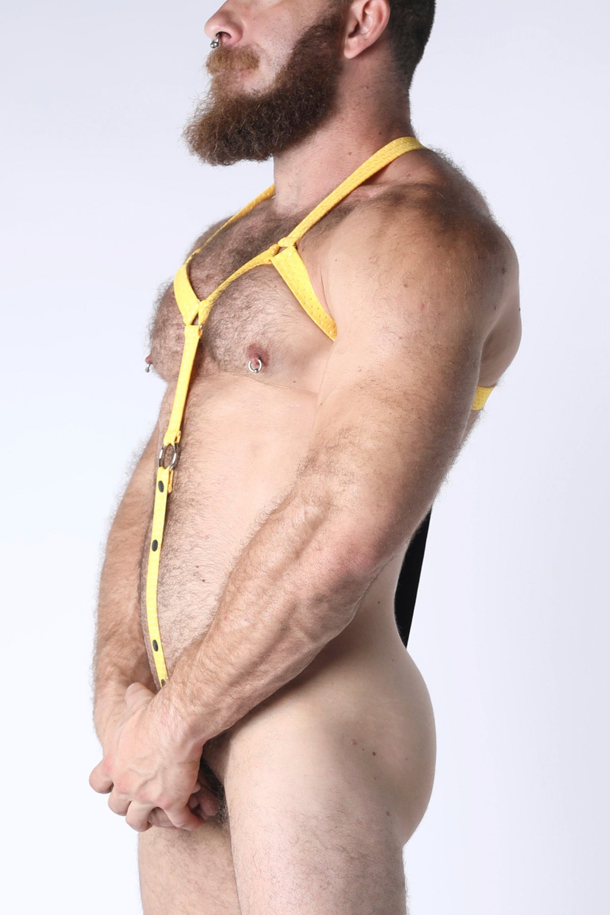 Yellow leather starter elastic body harness with adjustable straps and metal hardware shown from the back