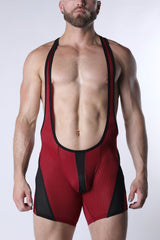 Starter mesh zipper singlet in red and black mesh with reinforced shoulder straps for wrestling use