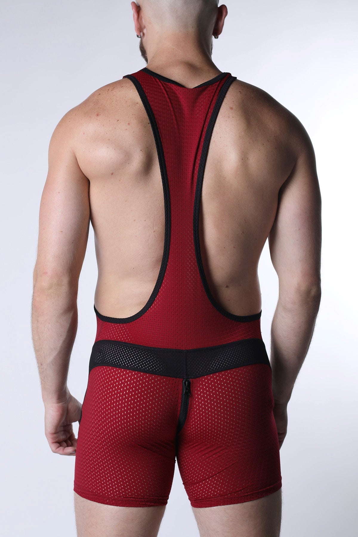Starter mesh zipper singlet with red mesh fabric black trim and central waistband for wrestling use