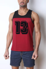 Starter mesh tank top in red and black with textured fabric featuring bold black number 13 in sports jersey style